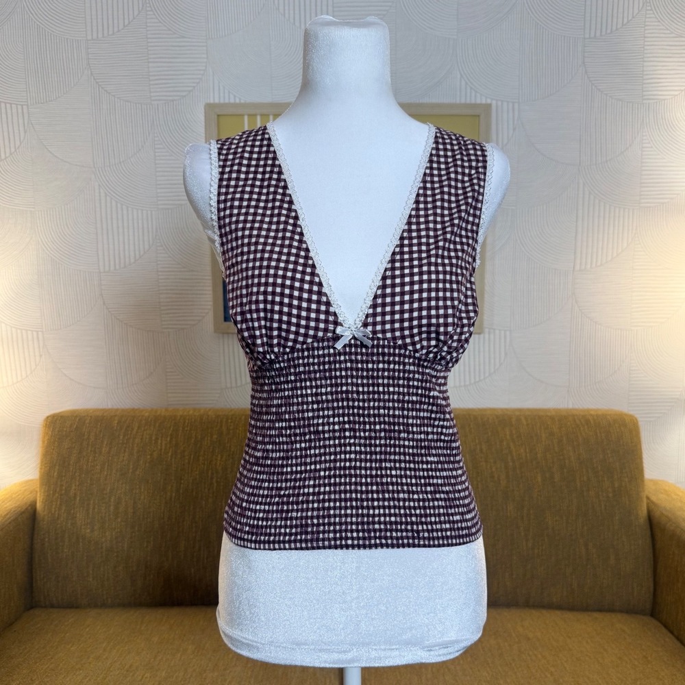 Motel Rocks Burgundy Gingham Smocked V-Neck Lace Trim Top Small Cottagecore